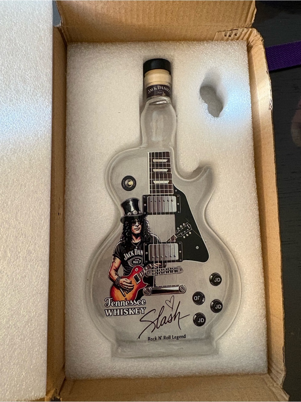Jack Daniels Clear Guitar Bottle with Black, Red, Brown Graphics
